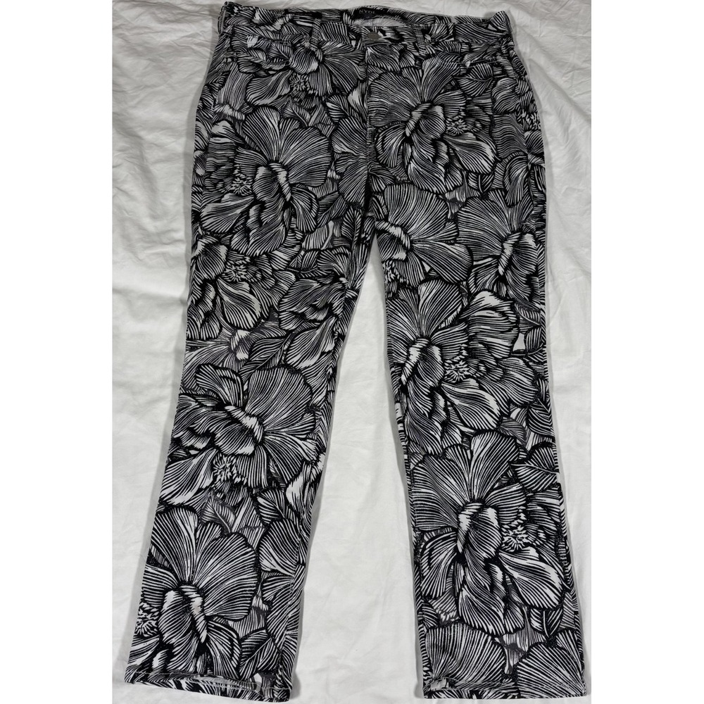 NYDJ Womens Sheri Slim Pants Black White Floral Print Lift Tuck Technology 12